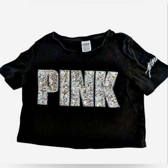 PINK Victoria's Secret Tops - Victoria’s‎ Secret PINK silver sequined black crop top Size XS Y2K Glam